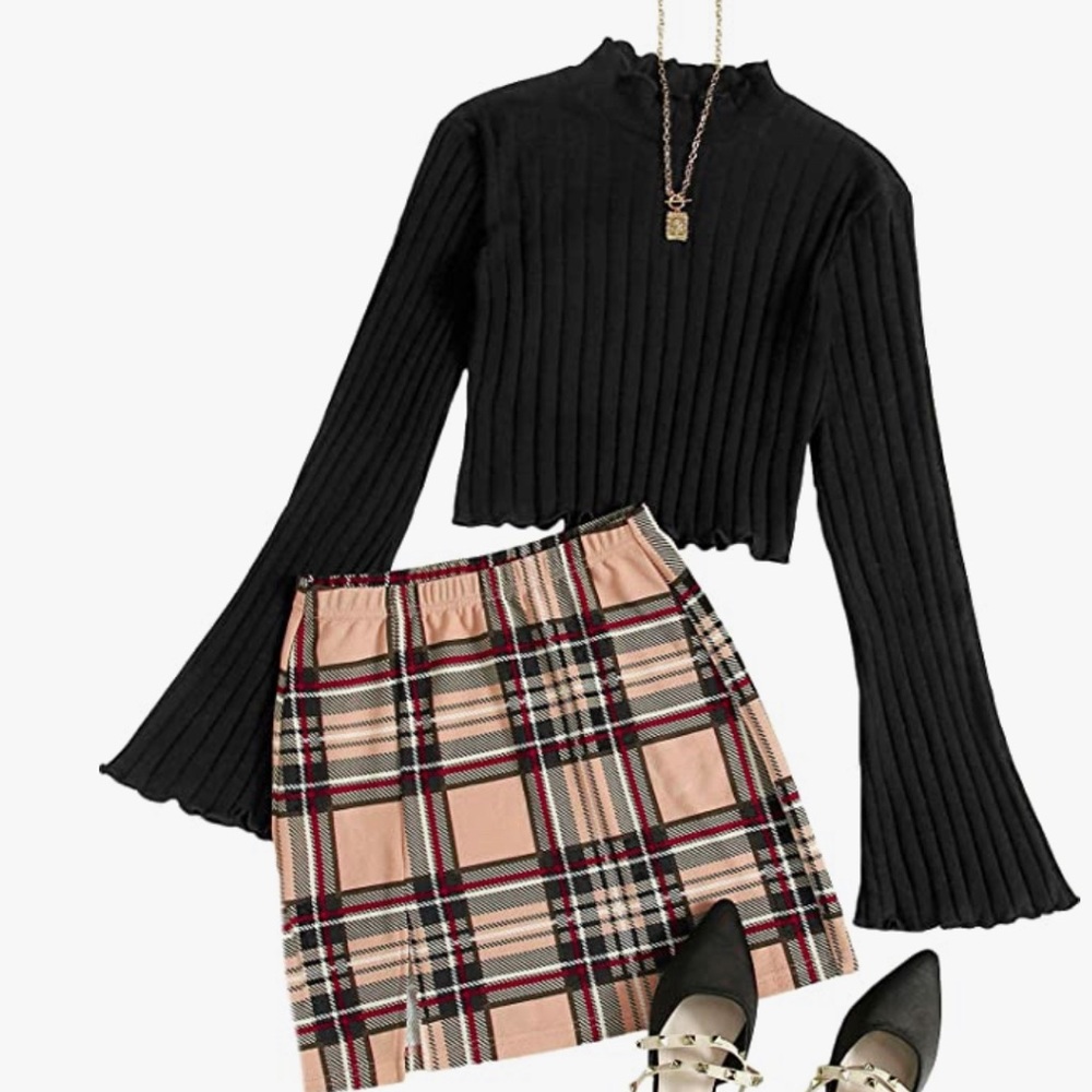 Plaid skirt set; Size L; Black long sleeve flare top and pink, plaid skirt